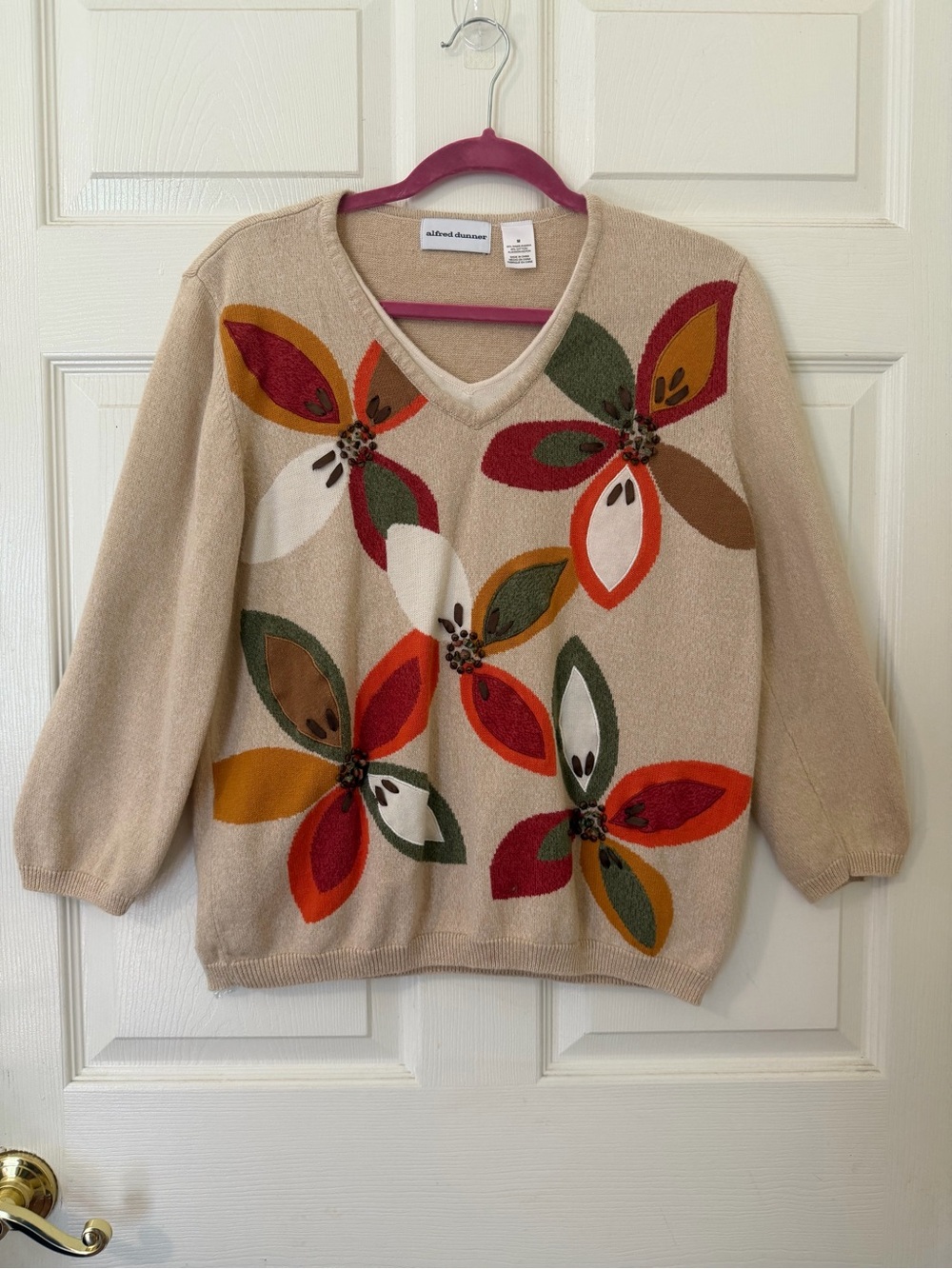 Alfred Dunner Floral Beaded Layered V-Neck Knit Sweater Size M 0015
